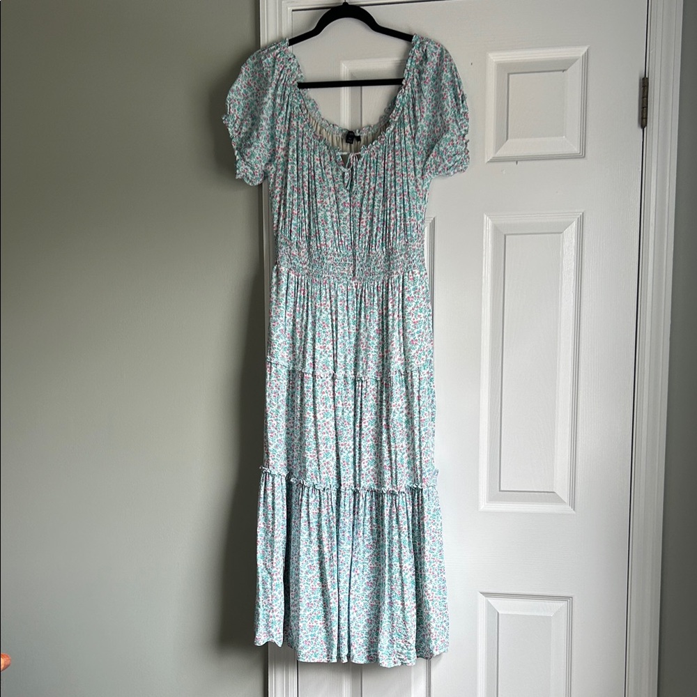 J. Crew Mint Floral Smocked Midi Dress